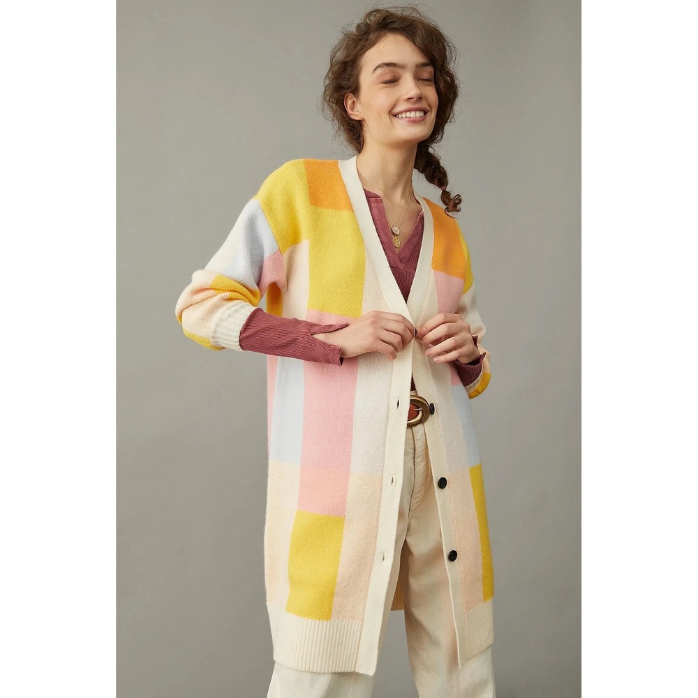 Anthropologie AMADI Colorful Geometric Patchwork Longline Cardigan Sweater XSP